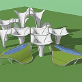Modern Artistic Pergola Structures Featuring Green Canopies And Blue Skylights