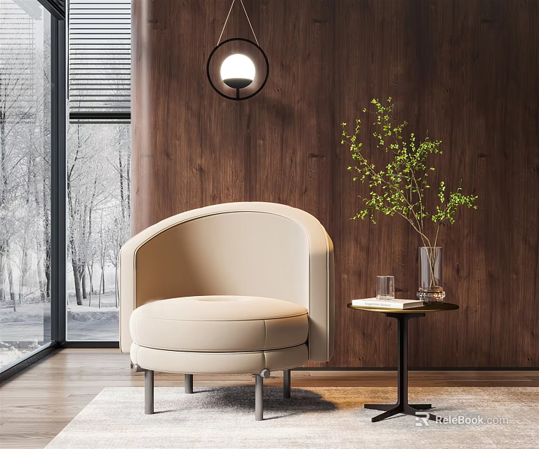 Beige Curved Single Sofa With Metal Legs By Wooden Wall Side Table And Green Plant 3d model 