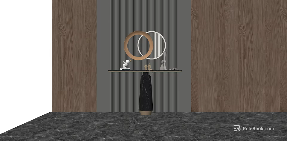 Elegant Console Table With Circular Decor Small Figurines On Black Base And Wooden Striped Backdrop 3d model