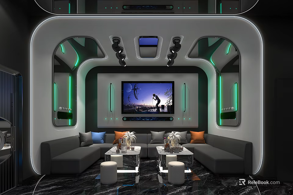 Modern KTV Room Interior With Comfortable Sofas Large Screen TV And Green Lighting 3d model 