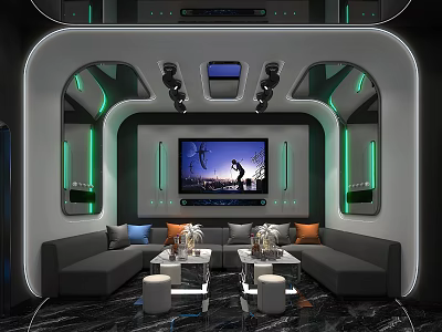 Modern KTV Room Interior With Comfortable Sofas Large Screen TV And Green Lighting 3d model