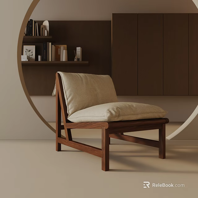 Modern Accent Chair With Wooden Frame Beige Cushion And Circular Decor In Minimalist Interior 3d model 