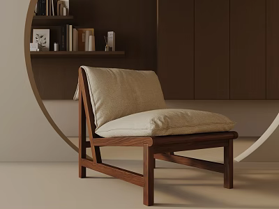 Modern Accent Chair With Wooden Frame Beige Cushion And Circular Decor In Minimalist Interior 3d model