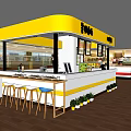 Japanese Sushi Restaurant With Yellow Signboard Display Menus In Mall Open Stall And Potted Plants