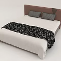 Double Bed with Brown Headboard Two Gray Pillows White Bedspread and Black White Patterned Blanket 3d model