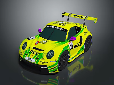 Yellow Green Racing Car With PROTECH ACC MOTUL Logos Rear Wing And Aerodynamic Design 3d model