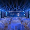 China Telecom 5G Stage with Blue Lighting Light Beams and Round Tables in Banquet Hall