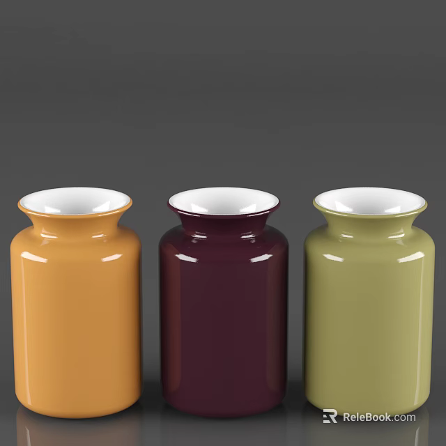 Colorful Ceramic Vessels in Orange Burgundy Sage Green with White Rimmed Tops and Cylindrical Design 3d model 
