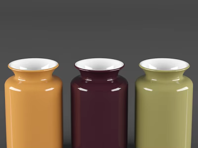Colorful Ceramic Vessels in Orange Burgundy Sage Green with White Rimmed Tops and Cylindrical Design 3d model