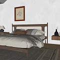 Cozy Bedroom Interior With Wooden Bed Framed Picture Rug And Nightstand Lamp