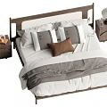 Double Bed with Wooden Headboard White Gray Bedding Pillows and Nightstands with Lamp and Book