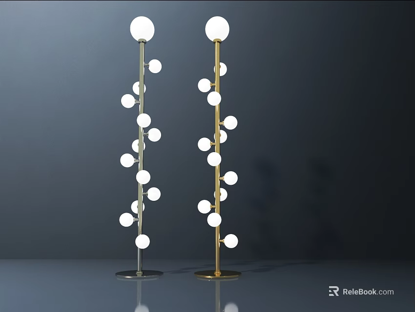 Elegant Floor Lamp Featuring Golden Pole And Multiple White Spherical Bulbs 3d model 
