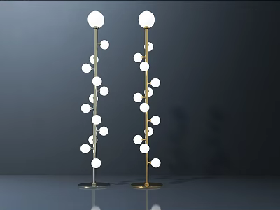 Elegant Floor Lamp Featuring Golden Pole And Multiple White Spherical Bulbs 3d model