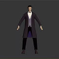 Man In Purple Long Coat With Vest Bow Tie Black Pants Brown Shoes Gray Background