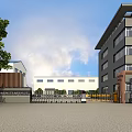 Industrial Entrance Gate with Factory Office Building Green Trees Under Blue Sky White Clouds