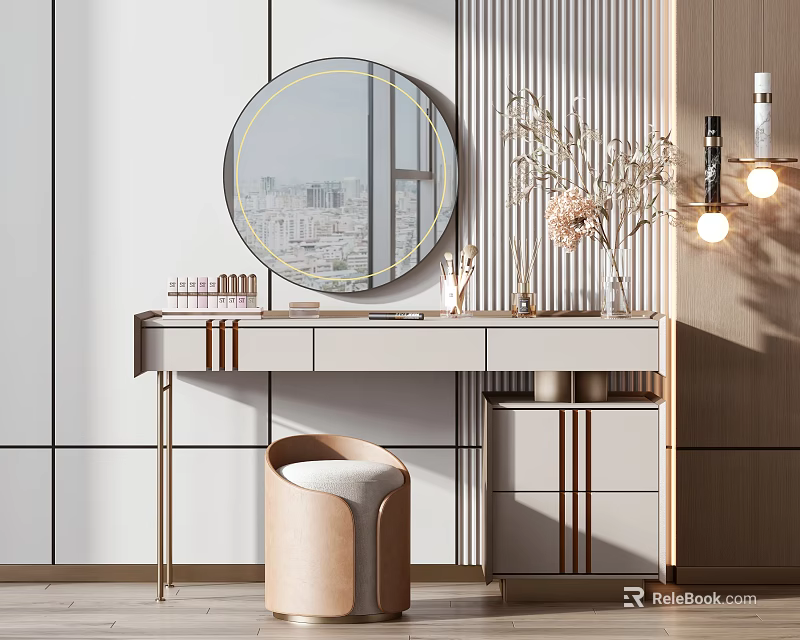 Elegant Dressing Table with Round Mirror City View Beige Stool Decorations and Vertical Striped Wall 3d model