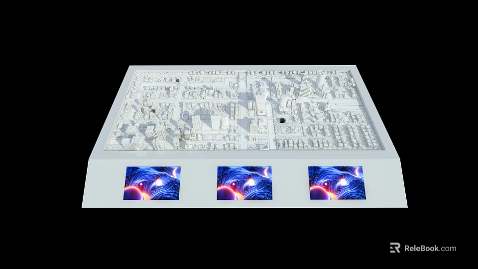 White Commercial Equipment Featuring City Model Structure and Three Blue Illuminated Screens 3d model 