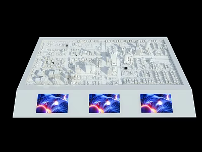 White Commercial Equipment Featuring City Model Structure and Three Blue Illuminated Screens 3d model