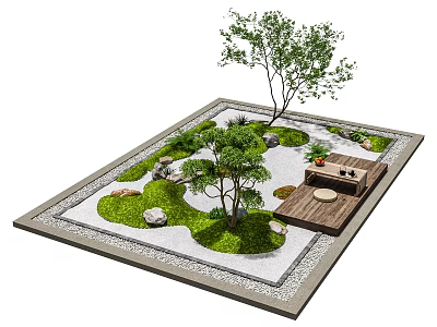 Beautiful Courtyard Garden Design With Small Trees Green Grass Stones And Wooden Tea Area 3d model