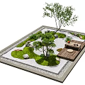 Beautiful Courtyard Garden Design With Small Trees Green Grass Stones And Wooden Tea Area