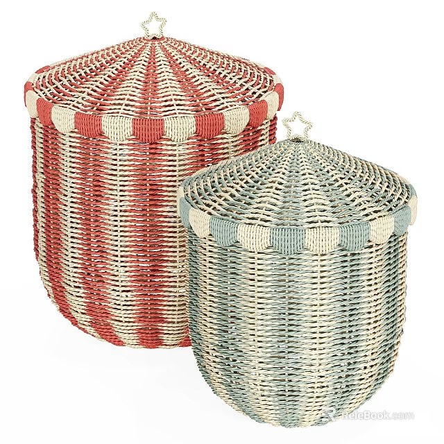 Stylish Wicker Storage Baskets With Red White And Blue Striped Design And Lids 3d model 