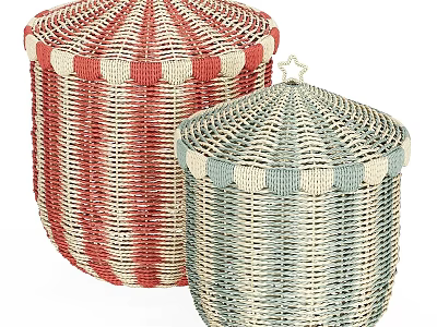 Stylish Wicker Storage Baskets With Red White And Blue Striped Design And Lids 3d model