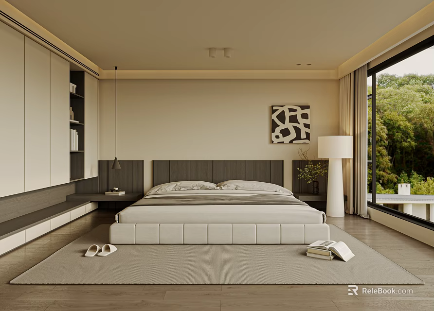 Modern Bedroom Interior With Large Bed Wooden Floor And Green View Through Window 3d model 