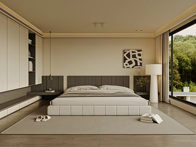 Modern Bedroom Interior With Large Bed Wooden Floor And Green View Through Window 3d model