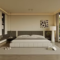 Modern Bedroom Interior With Large Bed Wooden Floor And Green View Through Window
