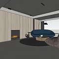 Modern Minimalist Living Dining Room With Wooden Wall Fireplace Blue Sofa Brown Armchair Round Rug