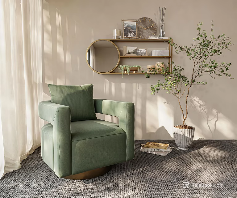 Elegant Green Single Sofa With Circular Mirror Golden Framed Shelf Potted Plant And Soft Rug 3d model 