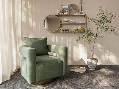 Elegant Green Single Sofa With Circular Mirror Golden Framed Shelf Potted Plant And Soft Rug 3d model