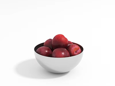 White Ceramic Bowl Filled With Fresh Red Plums On Simple Background 3d model