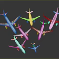 Different Colored Passenger Planes with Airline Logos Arranged in Star Shape on Dark Reflective Background