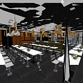 Modern Restaurant Interior with Yellow Hanging Banners Wooden Walls and Dining Tables