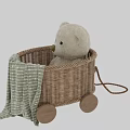Cute Soft Teddy Bear in Wicker Toy Basket with Wheels and Striped Blanket
