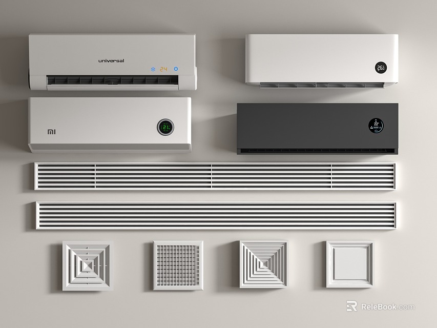 Various Air Conditioners And Fans Displayed On Wall 3d model 