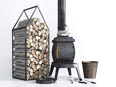 Cast Iron Wood Stove with Stacked Logs in Metal Holder and Kettle on Top 3d model