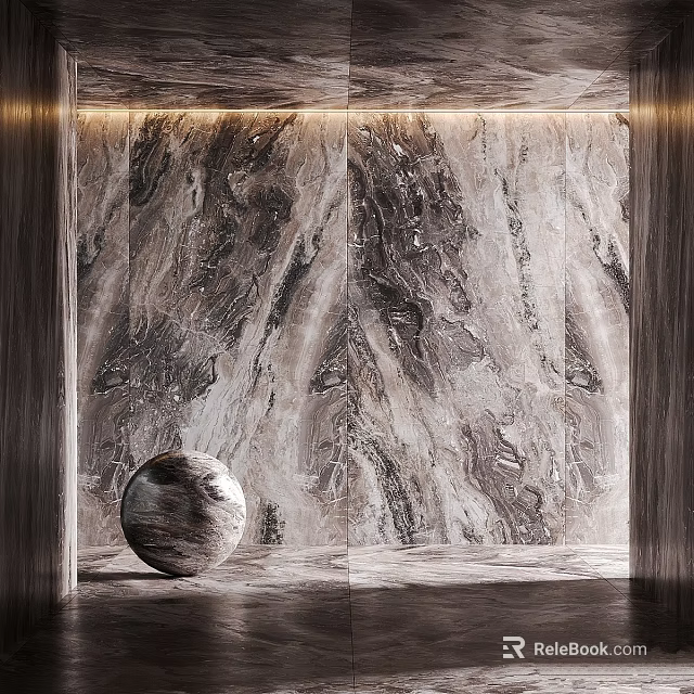 Textured Marble Wall With Spherical Decor And Wooden Frame In Modern Luxury Interior 3d model 