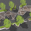 Modern Geometric Landscape Seats Design With Trees And Grass In Outdoor Space