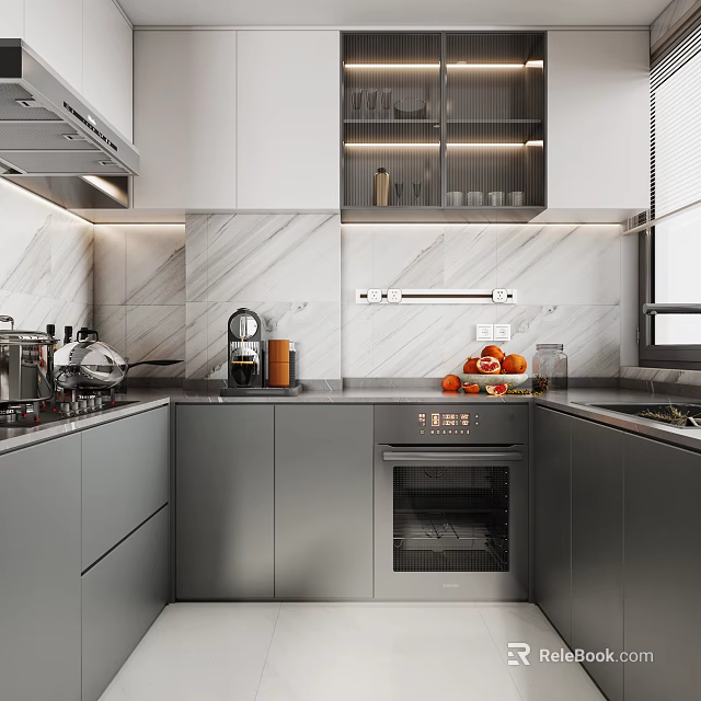 Modern Kitchen Interior With Gray Cabinets Marble Backsplash Built In Oven And Coffee Machine 3d model