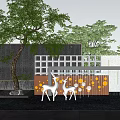 Tranquil Garden Landscape With Green Trees Water Fountain And Deer Sculptures