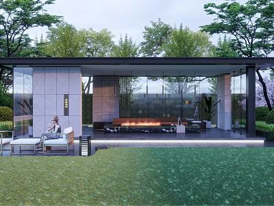 Modern Pergola With Glass Walls Stone Panels Outdoor Fireplace And Trees In Garden Lawn 3d model