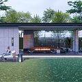 Modern Pergola With Glass Walls Stone Panels Outdoor Fireplace And Trees In Garden Lawn