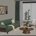 Modern Living Room Interior With Green Leather Sofa Round Coffee Table And Potted Plant