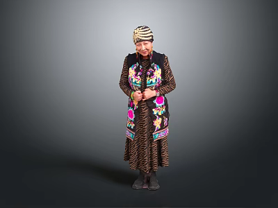 Woman in Traditional Embroidered Vest and Striped Headscarf Standing Against Gray Background 3d model
