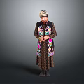 Woman in Traditional Embroidered Vest and Striped Headscarf Standing Against Gray Background