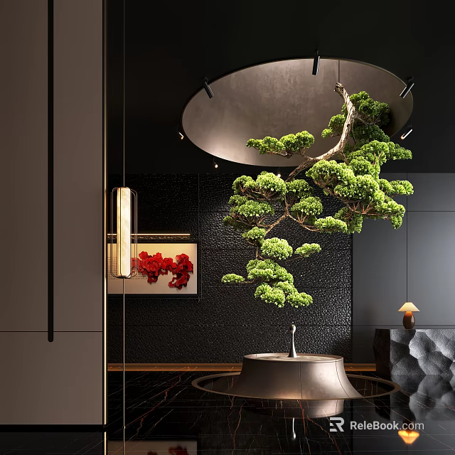 Luxury Hotel Lobby Interior With Hanging Green Plant Modern Chandelier And Sofa 3d model 