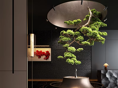 Luxury Hotel Lobby Interior With Hanging Green Plant Modern Chandelier And Sofa 3d model
