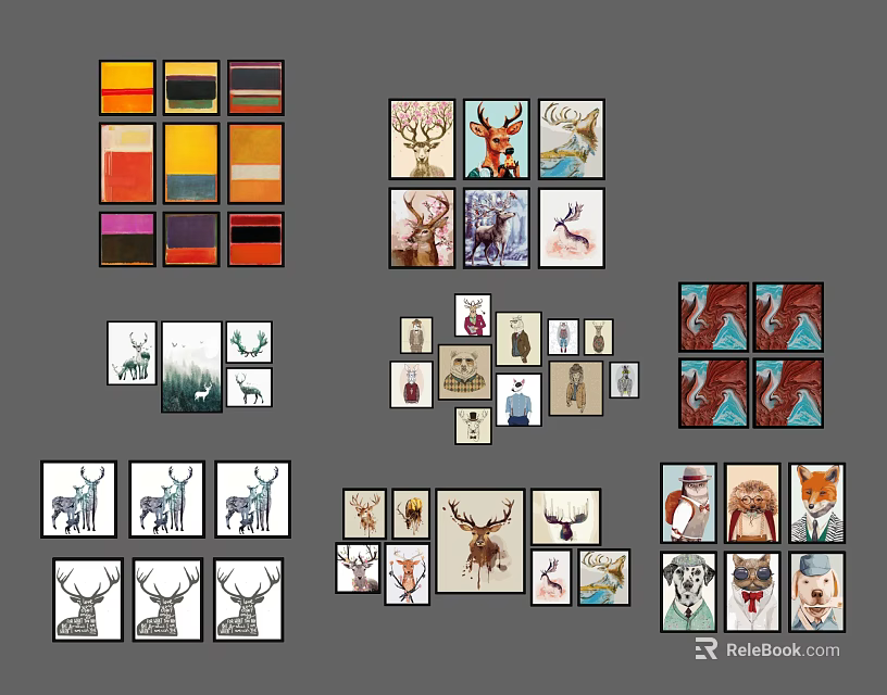 Creative Photo Wall Decor With Animal Prints Color Blocks And Various Frames 3d model